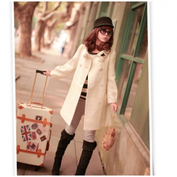 Amanda99 Fashionable and Elegant Lapel Double-Breasted Diagonal Pockets White Long Sleeves Coat For Women