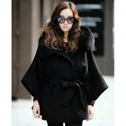 Amanda99 Elegant Shearling Lapel Lace-Up Snap Button Big Black Long Sleeves Fleece Coat For Women