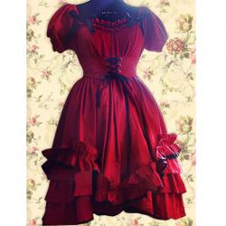 Amanda99 Red Short Sleeves Lace Ties Ruffles Cotton Lolita Dress