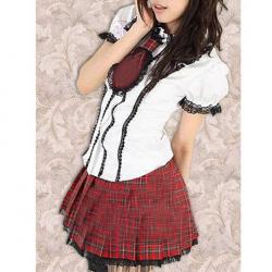 Amanda99 White Puff Short Sleeves Lolita Blouse And Checkered Lolita Skirt