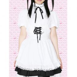 Amanda99 White Short Sleeves Lolita Dress With Black Front Lace Tie
