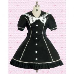 Amanda99 Black Short Sleeves Lolita Dress With White Button