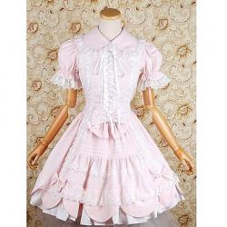 Amanda99 Pink Short Sleeves Lace Bow Cotton Lolita Dress