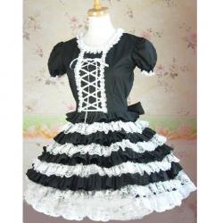 Amanda99 Black Short Sleeves Lace Ruffles Cotton Lolita Dress