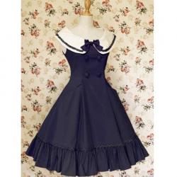 Amanda99 Deep Blue Buttons Bow Sleeveless Lolita Dress