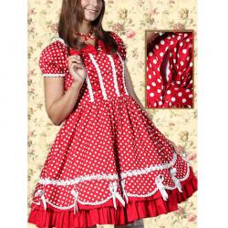 Amanda99 Red Short Sleeves Bow Lace Applique Cotton Lolita Dress
