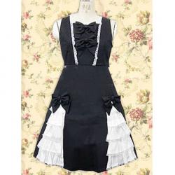 Amanda99 Sleeveless Black And White Bow Ruffles Cotton Lolita
