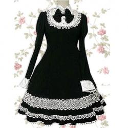 Amanda99 Black Long Sleeves Lace Applique Cotton Lolita Dress