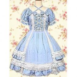 Amanda99 Blue Short Sleeves Bow Lace Cotton Lolita Dress