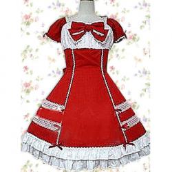 Amanda99 Red Short Sleeves Bow Lace Cotton Lolita Dress