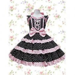 Amanda99 Black With White Dot Bow Ruffles Cotton Lolita Dress