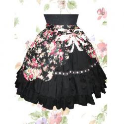 Amanda99 Black Floral Bow Scalloped Ruffles Cotton Lolita Skirt