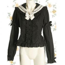 Amanda99 Black Applique Bow Ruffles Cotton Lolita Blouse