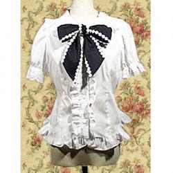 Amanda99 White Short Sleeves Black Bow Cravat Cotton Lolita Blouse