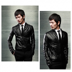 Amanda99 Cool Style Stand Collar Long Sleeve Black Leather Jacket For Men