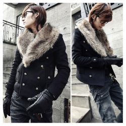 Amanda99 New Arrival Luxurious Fur Collar Button Embellished Long Sleeve Coat For Men
