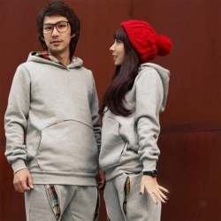 Amanda99 Concise and Leisure Grid Design Hem Long Grey Sleeves Fleeces Hood Couple Suits