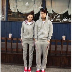 Amanda99 Leisure and Concise Zipper Stripes Grey Long Sleeves Fleeces Hood Couple Suits
