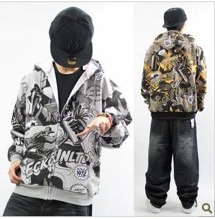 Amanda99 Autumn and Winter Fashion Hip Hop Style Abstract Printing Purified Cotton Long Sleeve Zipper Coat