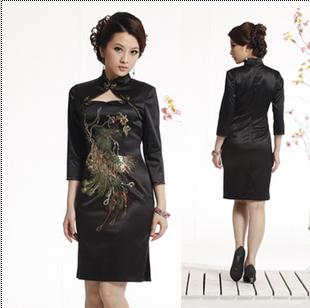 Middle Sleeve Peacock Images Silk & Cotton Evening Dresses